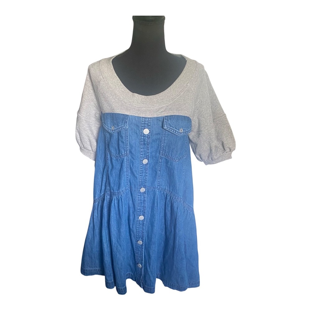 Pilcro Anthropologie Mixed Media Denim Sweatshirt Mini Dress Blue Grey XXS